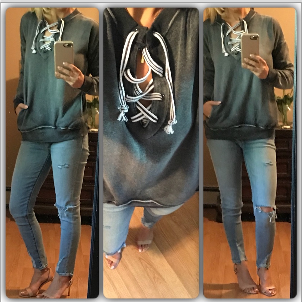 Last💜New💜Lace up vintage wash pullover - Picture 2 of 8